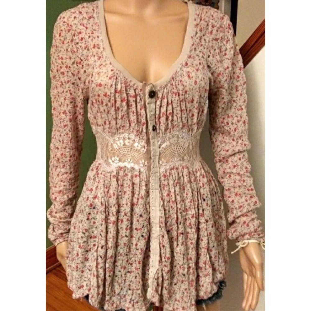 Free people button down blouse with lace inset